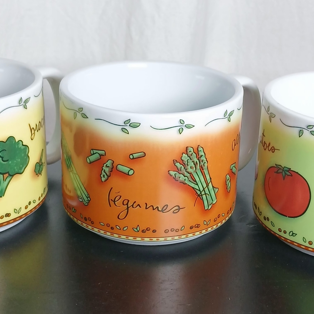 3  Vintage MSC  Bright Colored JOCHA Vegetable Soup Crocks Mugs 16 oz Stackable